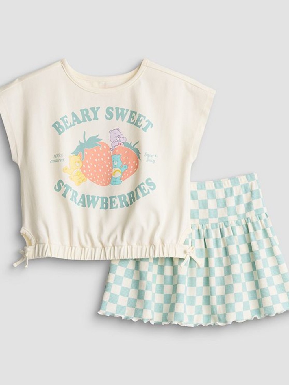 Care Bears Cream Strawberry Graphic Top with Checker Skirt size 3T